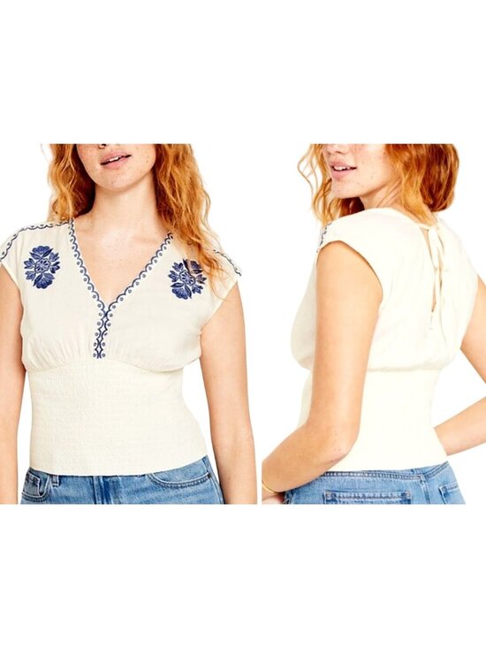 Old Navy Tops - Old Navy White Embroidered Blue Floral Smocked Waist-Defined Top Women's Large